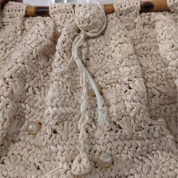VINTAGE 60s "It's In the Bag" Crocheted Raffia Bamboo Handle Bag Made In Japan - Picture 10 of 11